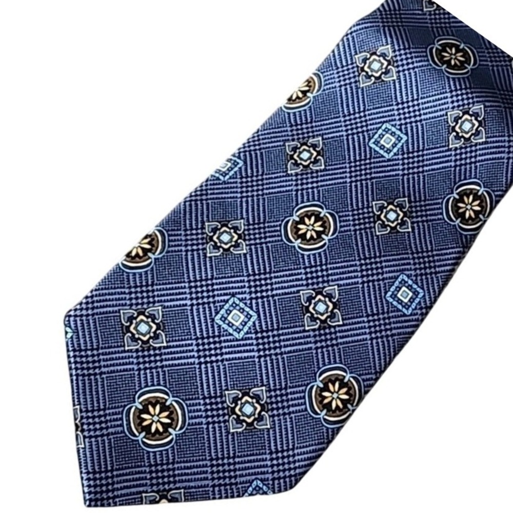 Bruno Piattelli Blue Silk Tie Necktie Classic Geo Print Old Money Preppy Office